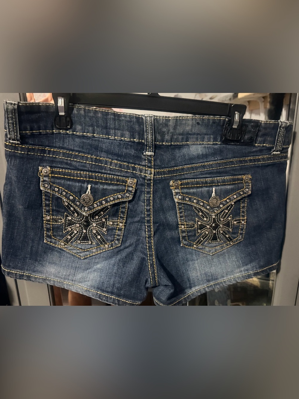 Request Dark Blue Embroidered Denim Shorts with Studded Back Pockets 13/32   #63